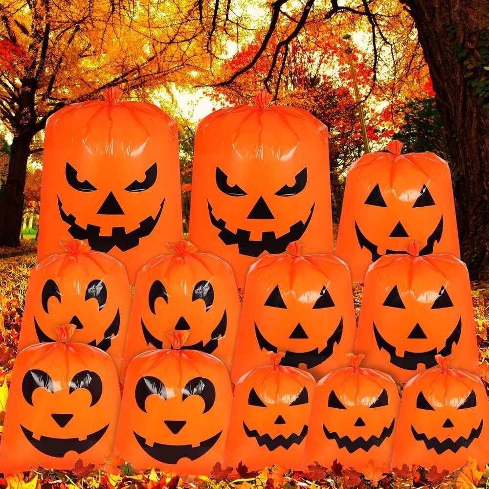 12Pcs Halloween Pumpkin Lawn Bags - Halloween Decorations Leaf Bags with 5 Desig